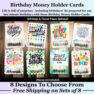 Happy Birthday Money Holder Card Kit,  8 Designs & Bundles, Creative Way To Give Cash, No More Last Minute Trips To Stores-Gift Bag Optional