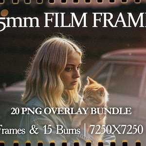 May include: A digital overlay bundle featuring a 35mm film frame design. The image includes a woman holding a cat, with text indicating 20 PNG overlays, 5 frames, and 15 burns, at 7250x7250 pixels.