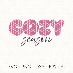May include: Pink knitted letters spelling "cozy season" in a white background. The letters are stylized with a knitted pattern.
