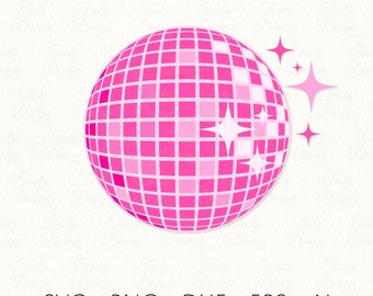 May include: A pink disco ball with white glitter accents. The disco ball is a popular party decoration.
