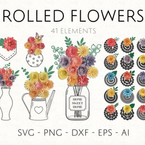 Fleur roulée svg Feuilles png Papier fleurs coupe fichier 3d Rose modèle Décoration de mariage Fête d'anniversaire PNG DXF EPS