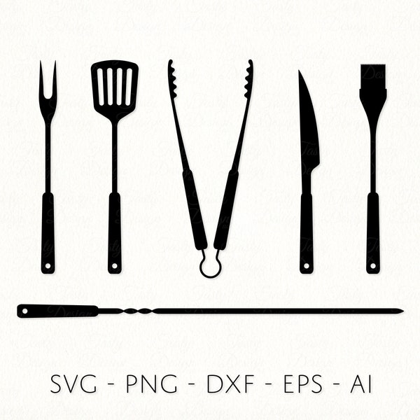 BBQ Grill Tools SVG Barbecue accessories cut file Grilling tool set vector Spatula Tongs Knife Brush Fork Skewer Cricut files