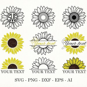 May include: A set of 10 black and yellow sunflower SVG cut files. The files include a sunflower with a circle in the center for a monogram, a sunflower with a circle for text, a sunflower with a half circle for text, and a full sunflower.