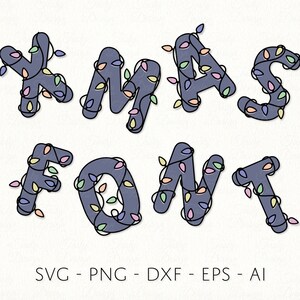 May include: A Christmas font design with the word "XMAS FONT" spelled out in a blue color with colorful lights wrapped around each letter.