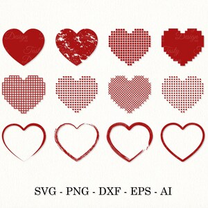 Herzen Set SVG Rotes Herz PNG Bundle Valentine Herzen svg Besticktes Herz SVG Distressed Heart Cute frame png eps dxf Pixel Herz Clipart