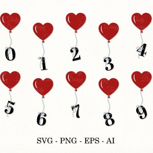 Numery balonów SVG Serce Numery balonów PNG Czcionka balonów Balon urodzinowy SVG Numer walentynkowy SVG Karta rocznicowa SVG Cricut Cameo