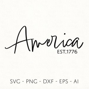 May include: Black and white handwritten script of the word "America" with the text "EST. 1776" below it.