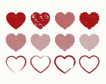Hearts set SVG Red heart PNG bundle Valentine hearts svg Embroidered heart SVG Distressed heart Cute frame png eps dxf Pixel heart clipart