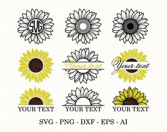 Puede incluir: Un conjunto de 10 archivos de corte SVG de girasol negro y amarillo. Los archivos incluyen un girasol con un círculo en el centro para un monograma, un girasol con un círculo para texto, un girasol con un semicírculo para texto y un girasol completo.