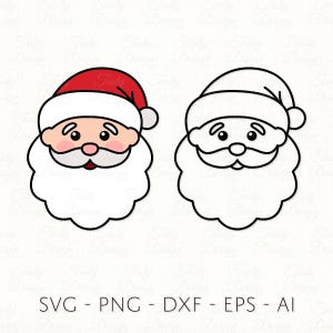 Pode incluir: Duas ilustrações de rostos do Pai Natal. Um tem um chapéu vermelho, bochechas rosadas e barba branca. O outro é um desenho linear com barba e chapéu brancos. O texto: SVG - PNG - DXF - EPS - AI.