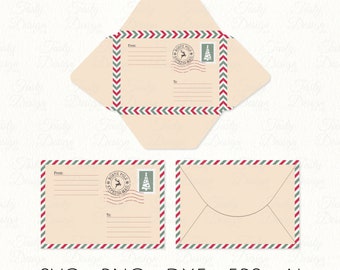 May include: A printable template for a Christmas envelope with a red and green chevron border. The envelope has a space for the address and a North Pole Christmas Mail stamp with a reindeer and a Christmas tree.