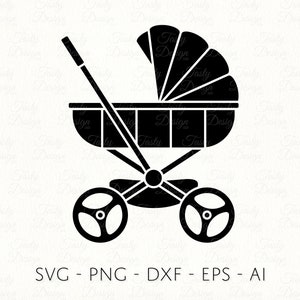Może przedstawiać: Czarna sylwetka wózka dziecięcego z daszkiem, rączką i kołami. Wózek ma klasyczny design, odpowiedni dla produktów dla dzieci. Obraz zawiera tekst "SVG - PNG - DXF - EPS - AI".