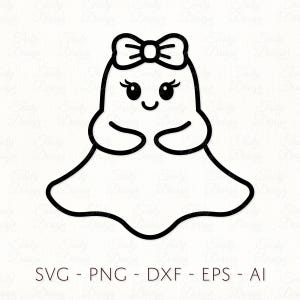 Puede incluir: Ilustración de un fantasma de dibujos animados en blanco y negro con un lazo en la cabeza, pestañas y una cara sonriente. El fantasma tiene los brazos extendidos y una parte inferior fluida. El texto en la parte inferior dice: SVG - PNG - DXF - EPS - AI.