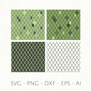 May include: Four digital seamless patterns featuring a green and white scale design. The patterns are arranged in a grid. The text "SVG - PNG - DXF - EPS - AI" is at the bottom of the image.