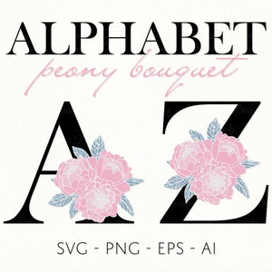 Alfabeto floral SVG Letra de ramo de peonía PNG Fuente botánica SVG Monograma de boda Iniciales de la familia clipart