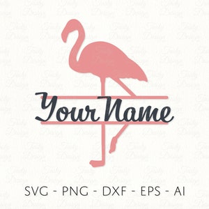 Op de afbeelding: Roze flamingo silhouet met een zwarte lijn en de tekst "Your Name" in een cursief schrift.