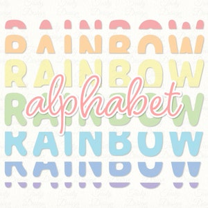 Könnte beinhalten: Ein pastellfarbenes Regenbogen-Alphabet-Design mit dem Wort "RAINBOW" in verschiedenen Farben wiederholt. Das Wort "alphabet" ist in einer kursiven Schriftart in Rosa geschrieben. Das Design befindet sich vor einem weißen Hintergrund mit einem dezenten Muster.