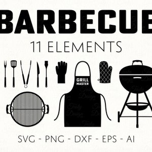 May include: Black and white vector illustrations of 11 barbecue elements, including a grill, tongs, spatula, skewers, a grill master apron, a grill mitt, and a grill grate. The text "BARBECUE" and "11 ELEMENTS" is included in the image.