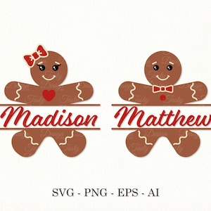 Lebkuchen Namen Rahmen SVG Lebkuchen Split Monogramm svg Baby Mädchen Erstes Weihnachten Schnittdatei Lebkuchenmann Familienhemd Sublimation PNG