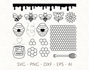Bee SVG Honeybee PNG Cute Bee Bundle Honeycomb pattern Beehive Honey Pot Dipper Beekeeping Sublimation Decal Cricut files