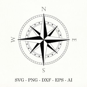 May include: A black and white compass with the letters N, S, E, and W. The compass is surrounded by a circle with a decorative border.