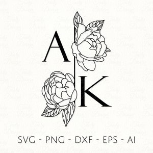 Pioenen monogram SVG PNG DXF Twee letter bruiloft monogram clipart Verjaardag initialen svg Rand ontwerp Sublimatie Decal bestand