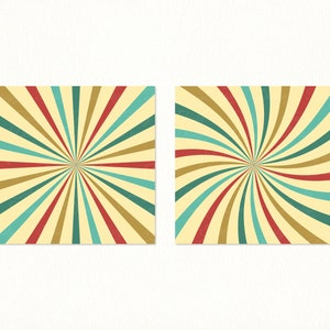 May include: Two square images with a retro sunburst design. The background is a light yellow color with red, blue, and brown stripes radiating out from the center.