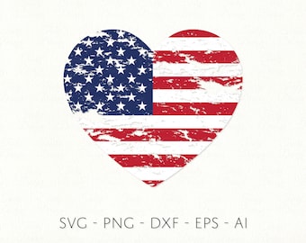 Amerikanische Herz Flagge SVG Distressed USA Flagge PNG Unabhängigkeitstag von Amerika Vektor Patriotic geschichteten geschnitten Datei 4. Juli Sublimation Aufkleber
