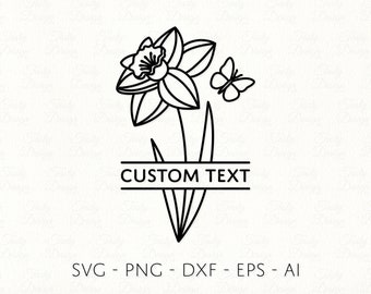 May include: Black and white line art illustration of a daffodil flower with a butterfly. The text "CUSTOM TEXT" is displayed in a banner below the flower.
