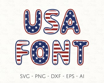 Amerikanische Flagge Schriftart SVG PNG Patriotisch USA Alphabet Clip Art Sterne und Streifen Buchstaben Zahlen Vektor Sublimations Aufkleber Cricut Datei