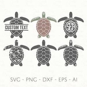 May include: Six different designs of a sea turtle silhouette. The designs include a distressed look, a solid black design, a design with the text "CUSTOM TEXT", a design with the text "SEA" in a circle, and two designs with a brown shell.