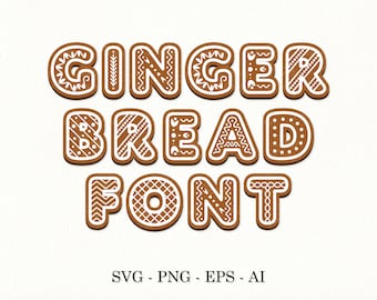 Puede incluir: Gráfico de fuente de pan de jengibre con las palabras "Gingerbread Font" en letras marrones con diseños de glaseado blanco. Las letras están decoradas con varios patrones, que incluyen puntos, rayas, zigzags y espirales.