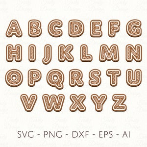 Könnte beinhalten: Ein komplettes Alphabet aus Lebkuchenbuchstaben, jeweils mit weißen Zuckergussdetails. Die Buchstaben sind in einer serifenlosen Schriftart und in Reihen angeordnet. Das Bild enthält die Dateitypen: SVG, PNG, DXF, EPS und AI.