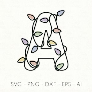 May include: A black outline of the letter A with a string of colorful lights wrapped around it. The lights are in shades of pink, yellow, green, and purple.