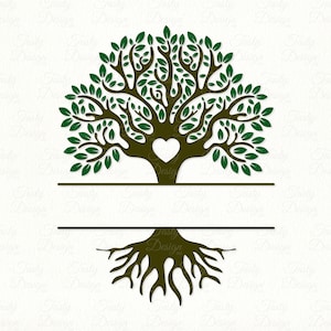 May include: A green tree with a heart in the trunk and brown roots. The tree is on a white background.
