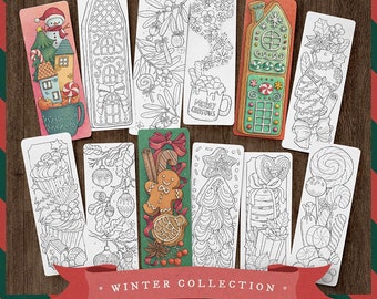 Digital Coloring Bookmarks - Set of 12 Printable Bookmarks, Winter Christmas Bookmarks, Book Lover Gift