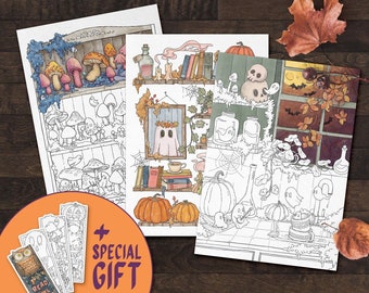 Digital Autumn Coloring Pages, Set of 3 Halloween Coloring Sheets, Instant Download