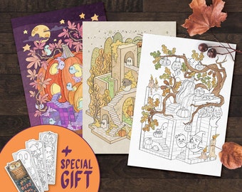 Printable Halloween Coloring Pages, Set of 3 Autumn Coloring Sheets, Instant Download, Activities for Spooky Season