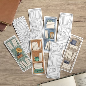 May include: A collection of illustrated bookmarks featuring bookshelf designs. Each bookmark showcases a unique bookshelf with various items like books, glasses, clocks, and cameras. The bookmarks are arranged on a wooden surface.