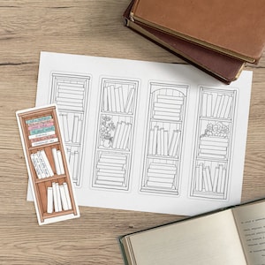 May include: Printable bookmark template featuring four different bookshelf designs. Each bookshelf has multiple shelves with spaces for drawing in books. The template is printed on white paper.