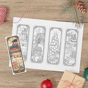 Digital Christmas Coloring Bookmarks, Set of 4 Winter Bookmarks, Printable Christmas Gift for Book Lovers