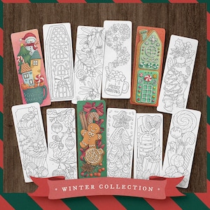 Digital Coloring Bookmarks - Set of 12 Printable Bookmarks, Winter Christmas Bookmarks, Book Lover Gift