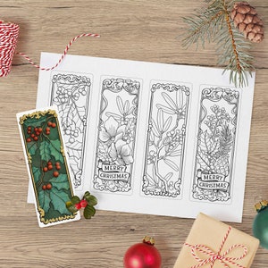 Digital Christmas Coloring Bookmarks, Set of 4 Winter Printable Bookmarks, Book Lover Gift, Christmas Gift, Bookmarks to Color