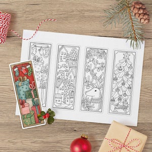 Digital Christmas Coloring Bookmarks, Set of 4 Winter Bookmarks, Book Lover Gift, Christmas Gift, Instant Download