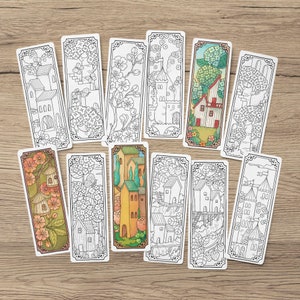 Digital Coloring Bookmarks, Set of 12 Printable Spring Bookmarks, Castles and Towns Coloring Pages, Book Lover Gift