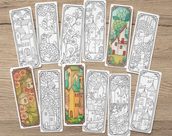 Digital Coloring Bookmarks, Set of 12 Printable Spring Bookmarks, Castles and Towns Coloring Pages, Book Lover Gift
