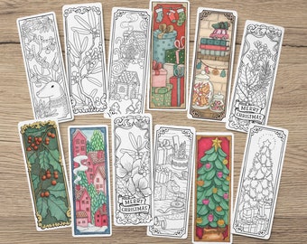May include: Set of 12 printable Christmas bookmarks featuring various holiday themes, including a reindeer, a gingerbread house, presents, a Christmas tree, and a winter village. The bookmarks are black and white line drawings with some color accents.