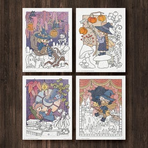 以下が含まれることがあります： 魔女の帽子をかぶったキャラクターが描かれた4枚の長方形のアートプリント。左上は墓地の魔女、右上はオレンジ色の実を持つ魔女、左下は読書をする魔女、右下はほうきに乗って飛ぶ魔女がそれぞれ描かれています。