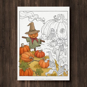 Digital Coloring Page - PUMPKIN FIELD, Adult Fantasy Coloring Pages, Instant Download