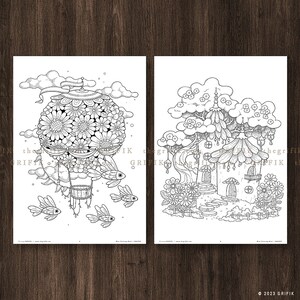 May include: Two black and white coloring pages. The first page features a hot air balloon made of flowers with fish flying around it. The second page features a whimsical tree house with a flower garden.